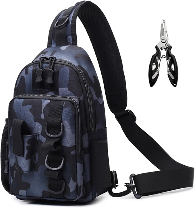 Fishing Sling Bag - Small Fishing Tackle Storage Bags with Rod Holder (Blue Camo)