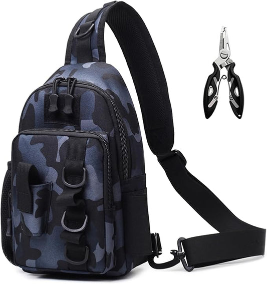 Fishing Sling Bag - Small Fishing Tackle Storage Bags with Rod Holder (Blue Camo)