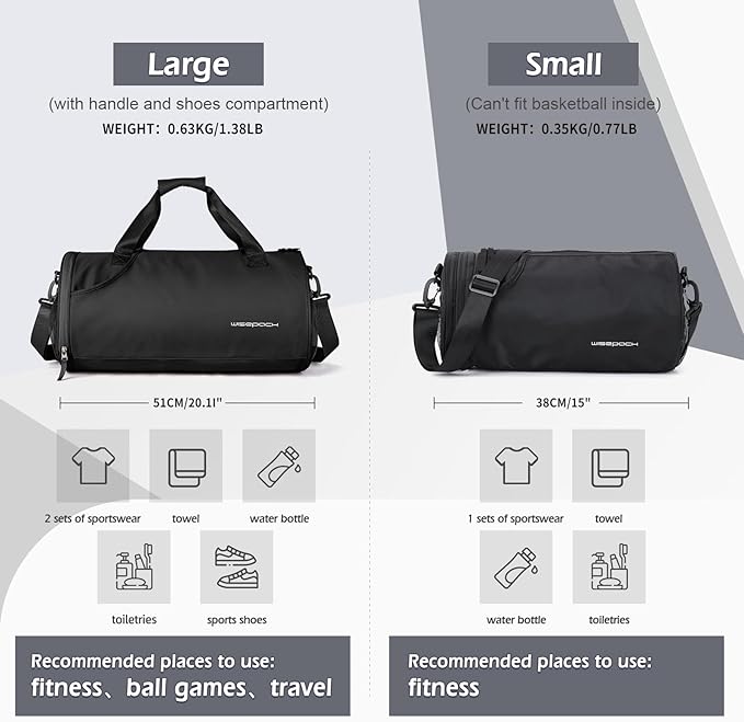 Small Gym Duffle for Women Men - Mini Waterproof Workout Sport Yoga Travel Overnight Weekender Dance Bag - Black