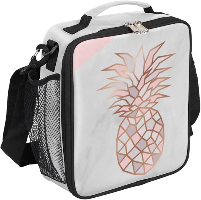 Marble Pineapple Kids Lunch Bag Pinks Pineapple Insulated Lunch Box for Girls Waterproof Lunch Bento Tote Bags Thermal Lunchbox School Lunchbox Insulated with Shoulder Strap