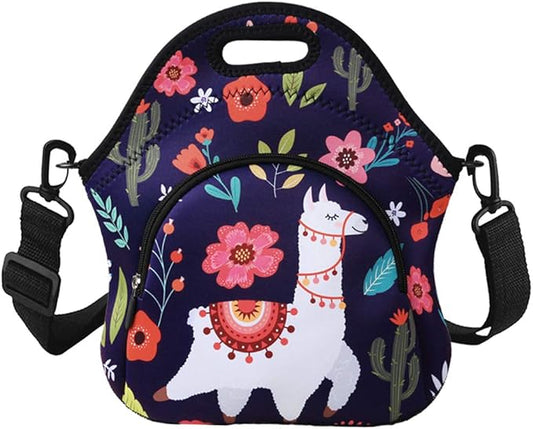 Violet Mist Neoprene Lunch Bag Reusable Insulated Cartoon Alpaca Snack Bags, 12.6"L x 11.8"H x 6.10"W, Adjustable Shoulder Strap, Waterproof, Eco-Friendly