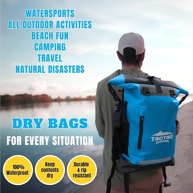 TACTIKO 30L Heavy-Duty 100% Waterproof Backpack, Roll Top Dry Bags for Kayaking, Hiking, Camping, Survival