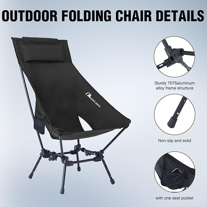 MOON LENCE Portable Camping Chairs for Adults, Adjustable Oversize Beach Chair Lawn Chair with High Back - Large Capacity, Heavy Duty (New Black)