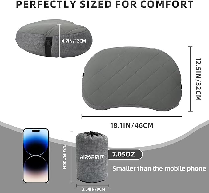 Ultralight Camping Pillow Inflatable with Removable Washable Cover, Compact Travel Pillow for Neck Support, Hiking, Backpacking, Office, Airplane, Car & Beach - Adjustable Firmness(Grey)