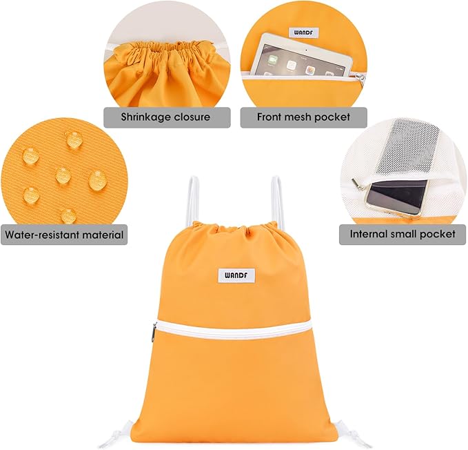 WANDF Drawstring Backpack String Bag Sackpack Cinch Water Resistant Nylon for Sport Yoga Gym Shopping (Orange)