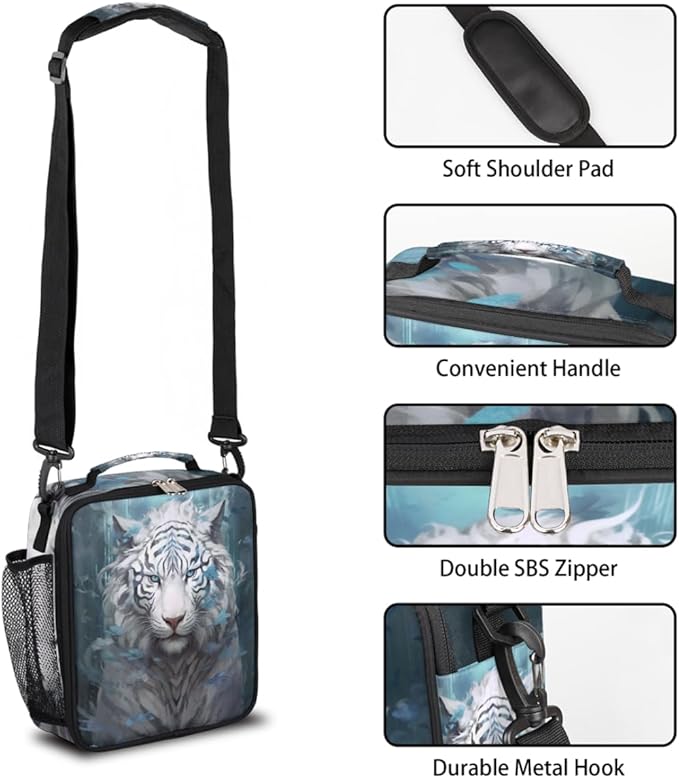 Animal Lunch Box for Kids, Watercolor White Tiger Lunch Bag for Boys Girls, Reusable Insulated Waterproof Lunch Box with Adjustable Shoulder Strap Thermal Cooler Tote Bag for School Daycare Picnic