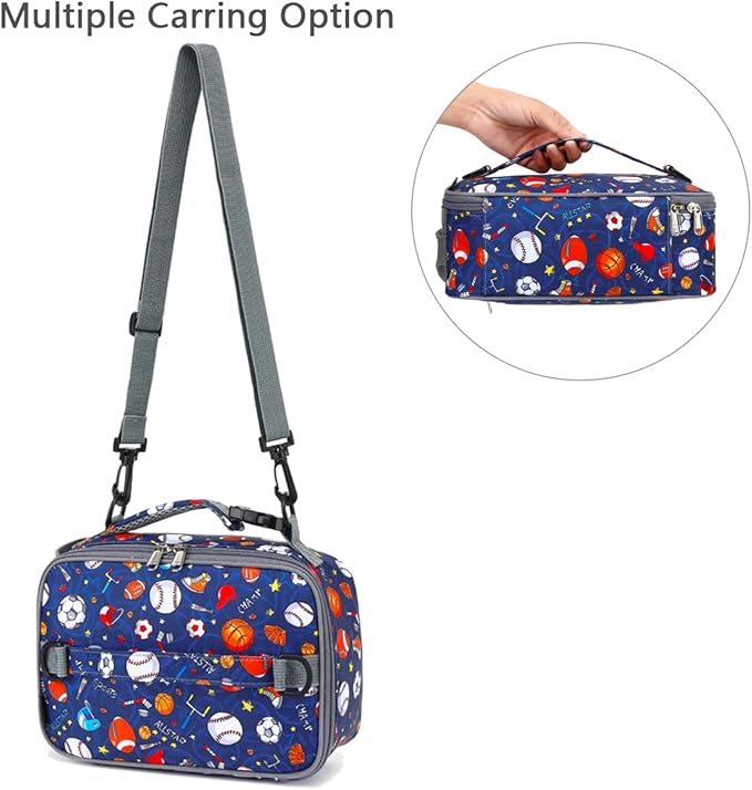 FlowFly Kids Lunch Bag, Durable Insulated School Lunch Box with Shoulder Strap and Bottle Holder, Water-resistant Thermal Small Lunch Cooler Tote for Teen Boys & Girls,Rugby