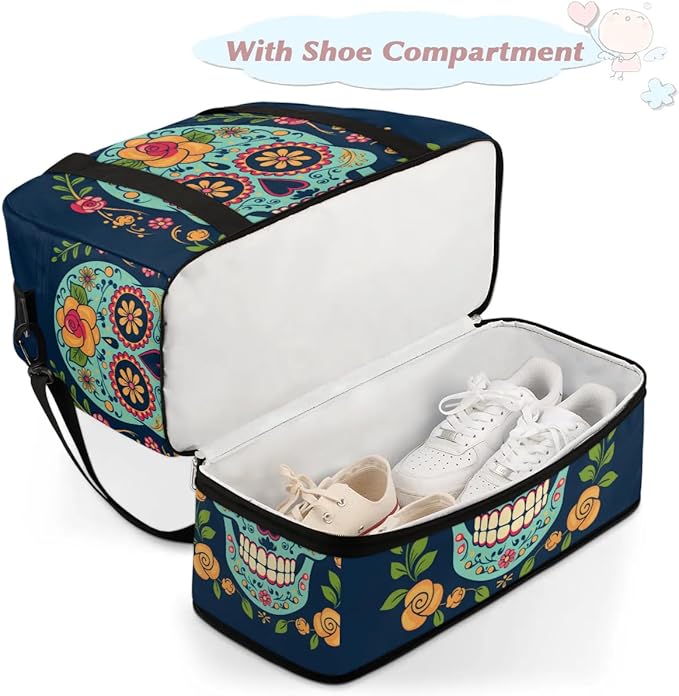 cfpolar Woman Travel Duffel Bag Mexican Skull Foldable Tote Carry On Luggage Sports Gym Bag With Shoe Compartment Overnight Weekend Yoga Workout Bag Training Handbag