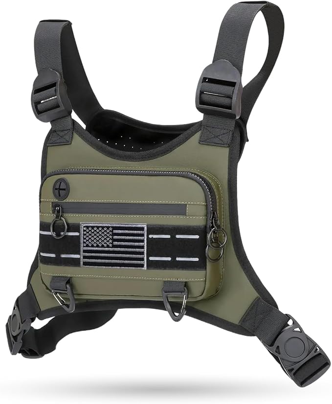 Sports Chest Bag For Men Women, Water Resistant Lightweight Front Chest Pack, Running Vest Bag With Built-In Phone Holder & Extra Storage For Workouts, Running, Cycling (Olive)