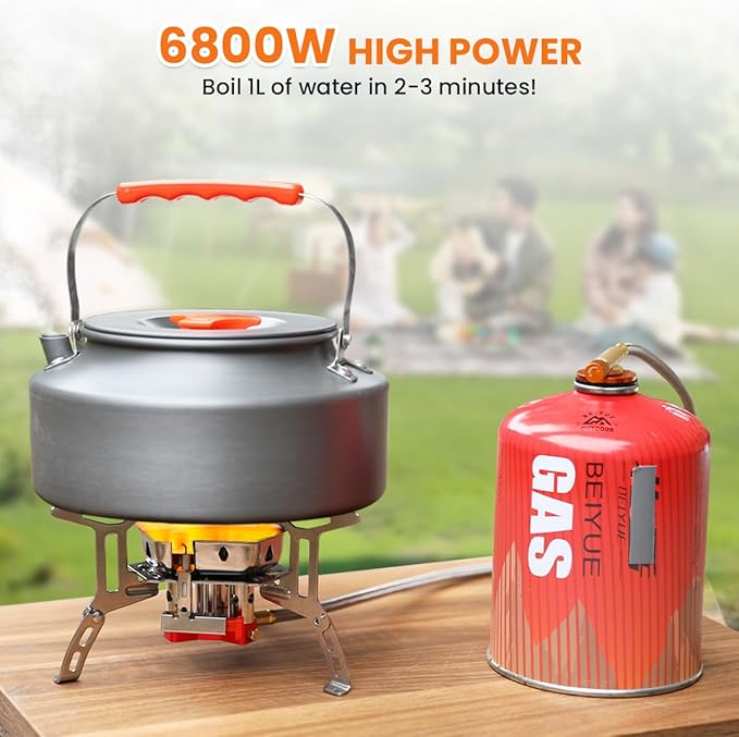 Portable Propane Camping Stove for Outdoor - GEEKHOM 6800W Windproof Gas Stove with Piezo Ignition; 2-Fuel Butane Propane Backpacking Stove for Hiking & Picnics; Tripod Base & Adapter