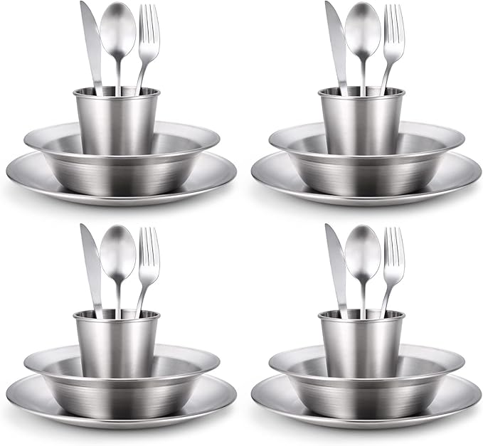 Odoland Camping Complete Messware Kit, Polished Stainless Steel Camp Dinnerware, Camping Cooking Tableware, Cutlery Organizer Utensil with Plates and Bowls Set for Backpacking, Hiking, Picnic