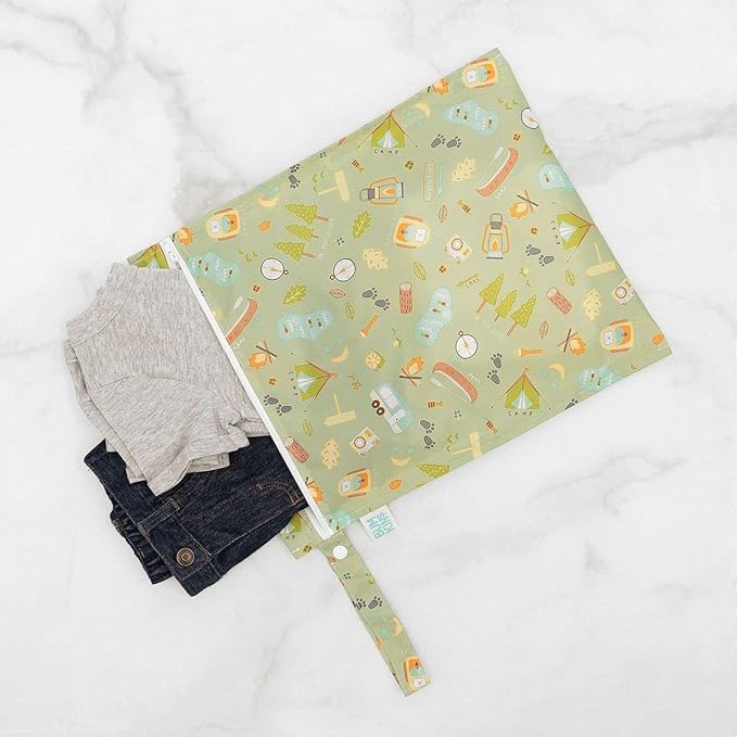 Bumkins Waterproof Wet Bag for Baby, Travel, Swim Suit, Cloth Diapers, Pump Parts, Pool, Beach, Gym Clothes, Toiletry, Hook to Stroller, Daycare, Zipper Reusable Wetdry Packing Pouch, Camp Gear Green