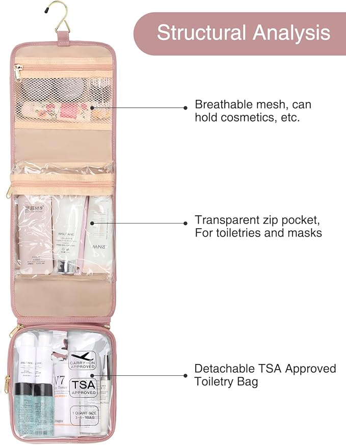 Relavel Travel Toiletry Bag for women with Detachable TSA Approved Toiletry Bag, Compact Hanging toiletry bag with Small Carry On 3-1-1 Clear Waterproof Travel Bags for Toiletries (Pink, A Small)