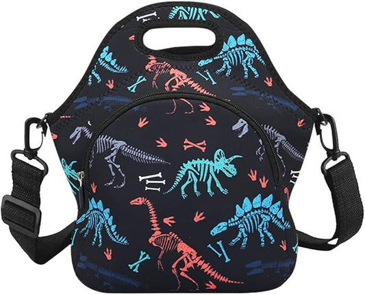 Violet Mist Neoprene Lunch Bag Reusable Insulated Cartoon Dinosaur Snack Bags, 12.6"L x 11.8"H x 6.3"W, BPA-Free, Machine Washable, Easy to Dry