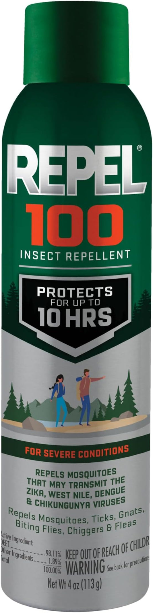 Repel 100 Insect Repellent, 4 Ounces, 98% DEET 10-Hour Protection Lon-Lasting Insect Repellent Aerosol Spray Repels Mosquitoes, Ticks, Gnats, Biting Flies, Chiggers And Fleas