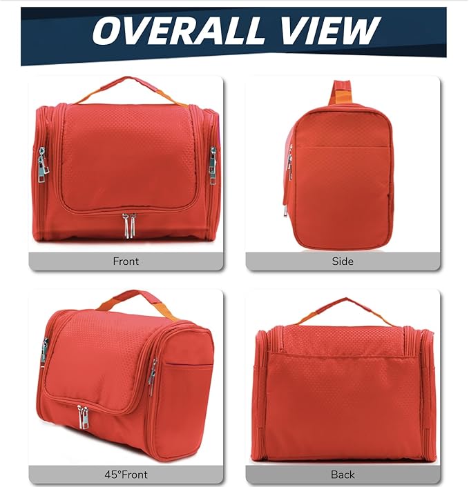 Buruis Large Capacity Toiletry Bag for Women and Men, Hanging Toiletry Organizer Cosmetics Makeup Bag, Water-resistant Dopp Kit Shaving Bags for Full Sized Toiletries, Travel Essentials (Orange)