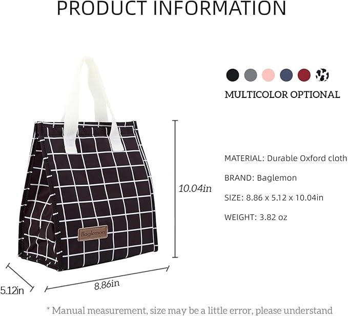 Lunch bag, Insulated Lunch Bag for Women Men, Lunch Containers Reusable Lunch Tote Bags for Work, Travel, Outdoor (BlackGrid)