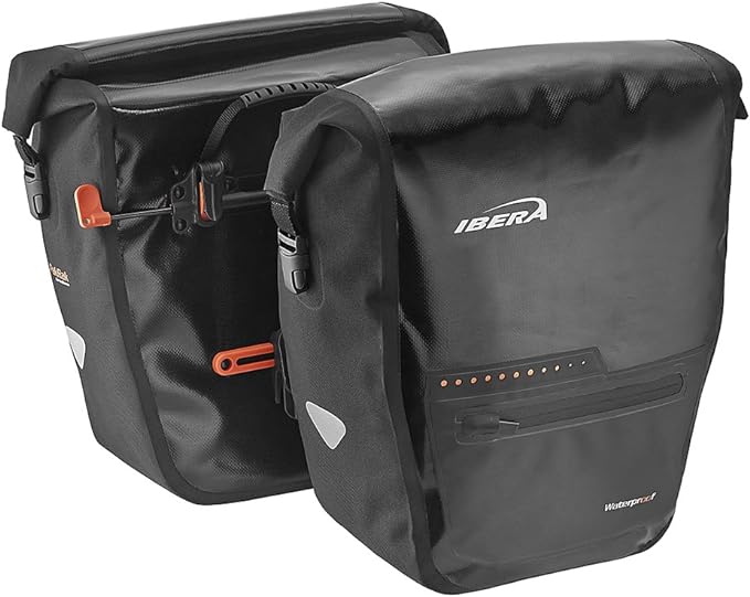 Ibera Panniers Bike Bags 30L (Pair) - Waterproof & with Quick Release/Clip-On System - Bike Saddle Bags For Rear Rack with Rain Cover & 19.8 lbs Capacity - Saddle Bag Bicycle Fits Most Racks (Black)