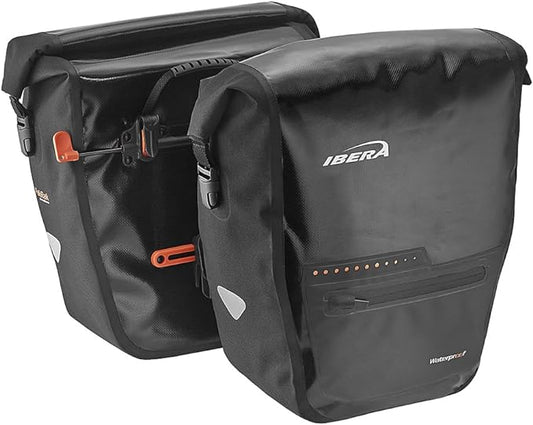 Ibera Panniers Bike Bags 30L (Pair) - Waterproof & with Quick Release/Clip-On System - Bike Saddle Bags For Rear Rack with Rain Cover & 19.8 lbs Capacity - Saddle Bag Bicycle Fits Most Racks (Black)