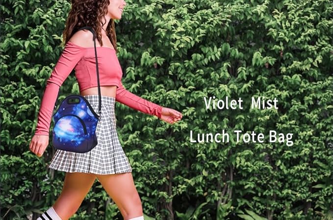 Violet Mist Womens Neoprene Insulated Galaxy Space lunch Bag Lunch Tote Bag Thermal Lunch Box with Extra Pocket Detachable Adjustable Shoulder Lunchbox Food Handbags Gift for Women Men Blue Star Sky