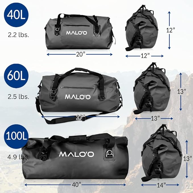 Malo'o Waterproof Dry Bag Duffel 40L/60L/100L, Roll Top Duffel Keeps Gear Dry for Kayaking, Rafting, Boating, Swimming, Camping, Hiking, Beach, Fishing - Internal & External Pockets and Molle Loops