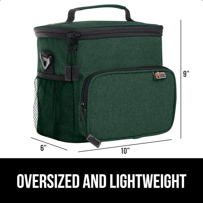 GORILLA GRIP Reusable Insulated Lunch Box Bag, Large Capacity, Leakproof Soft Cooler Bags, Mesh Pockets and Adjustable Strap, Food Tote for Work Camping School, Keep Drinks Cold, 8L, 10x9 Hunter Green