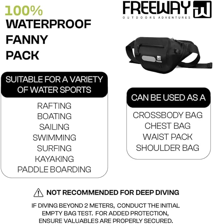 Premium Dry Bag Waterproof Fanny Pack for Water Sports – 100% Waterproof with Reflective Strip – Ideal for Snorkeling, Kayaking, Surfing, Boating & Paddle Boarding – Adjustable Waist Belt (Black)