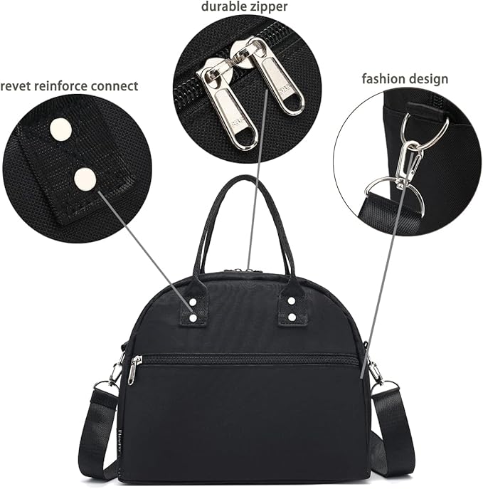 FlowFly Insulated Lunch Bag With Shoulder Strap for Women, Men, and Kids, Large and Reusable, Handle, Freezable Work and School Travel Tote and Meal Prep Organizer (Black)