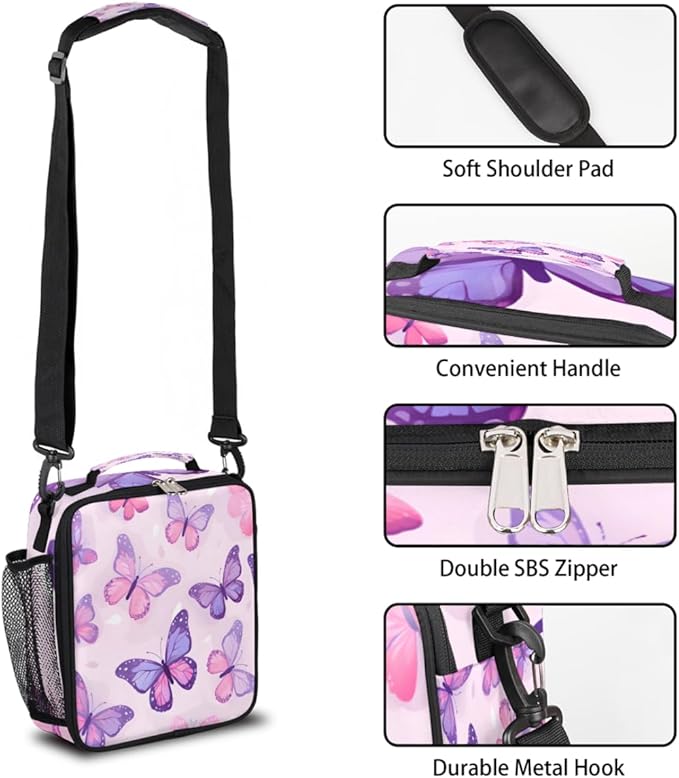 Pardick Butterfly Kids Lunch Bag Purple Insulated Lunch Box Mini Cooler Back to School Thermal Meal Tote Kit Bento Tote Bags Thermal Lunchbox for Boys Girls