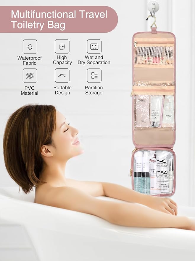 Relavel Travel Toiletry Bag for women with Detachable TSA Approved Toiletry Bag, Compact Hanging toiletry bag with Small Carry On 3-1-1 Clear Waterproof Travel Bags for Toiletries (Pink, A Small)