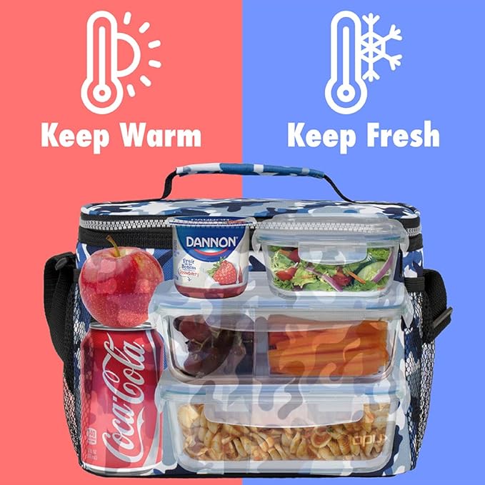 opux Insulated Lunch Bag for Men Women, Leakproof Camo Blue Lunch Box for Work, Portable Soft Lunch Cooler Bag with Shoulder Strap, Adult Lunchbox Lunch Pail for Kid Boy Girl School, 14 Can/8L