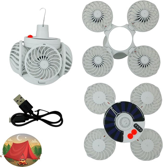 Solar Foldable 4 Fan Light with Hook, USB/Solar Charging for Outdoor Cooling & Lighting, camping ceiling fan,lámparas recargables para cuba, battery operated ceiling fan tent essentials