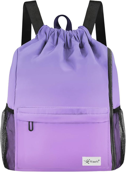 Drawstring Backpack with Mesh Pockets String Gym Bag Sackpack Sandproof Water Resistant Beach Backpack for Men Women