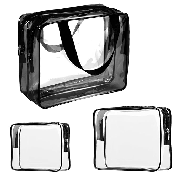 3Pcs Crystal Clear PVC Travel Toiletry Bag Kit for Women Men, Waterproof Vinyl Packing Organizer Storage Bags with Zipper Handle Straps, Cosmetic Pouch Carry on Airport Airline Compliant Bag Handbag
