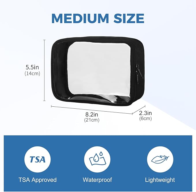 Moyad TSA Approved Clear Toiletry Bag, 1 Pack Quart Size 3-1-1 Liquids Pouch for Travel, Transparent Makeup & Cosmetic Organizer for Women Men, Black