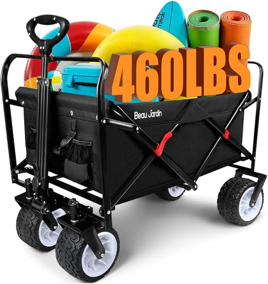 BEAU JARDIN Collapsible Folding Beach Wagon 460lbs Foldable Wagon Cart with All Terrain Big Sand Wheels Heavy Duty Utility Grocery Cart for Camping Garden Sports Shopping Black