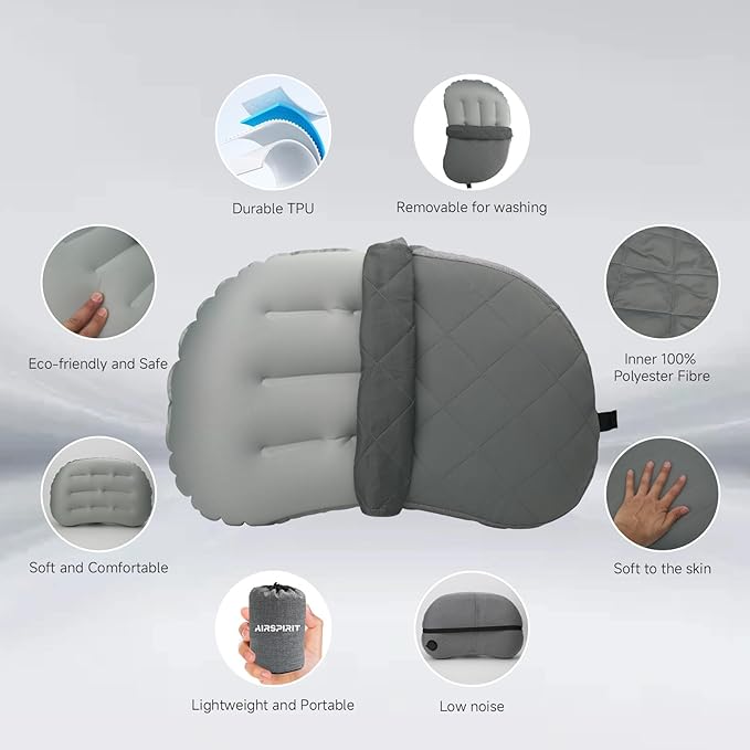 Ultralight Camping Pillow Inflatable with Removable Washable Cover, Compact Travel Pillow for Neck Support, Hiking, Backpacking, Office, Airplane, Car & Beach - Adjustable Firmness(Grey)
