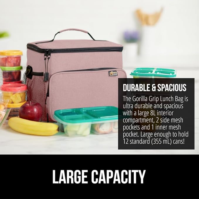 GORILLA GRIP Reusable Insulated Lunch Box Bag for Women Men, Large Leakproof Soft Cooler Bags, Multiple Compartments, Mesh Pockets, Adjustable Strap, Food Tote Keeps Drinks Cold, 8L, 10x9, Pink