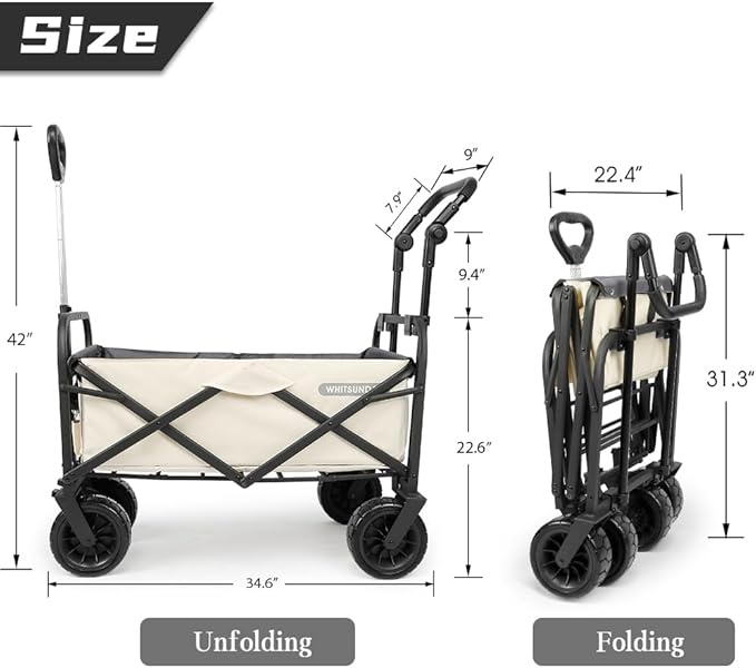 WHITSUNDAY Collapsible Folding Garden Outdoor Park Utility Wagon Picnic Camping Cart with Bearing and Brake 8" All Terrain Wheels with Push Bar (Beige)