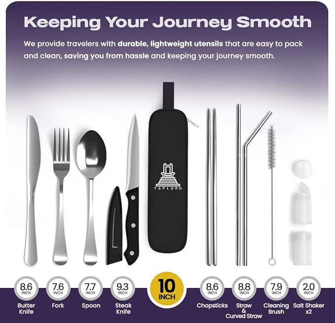 Portable Travel Silverware Set With Case, Includes 10 Pcs of Travel Utensils With Case, Stainless Steel Flatware Set For Camping, Lightweight (Silver)