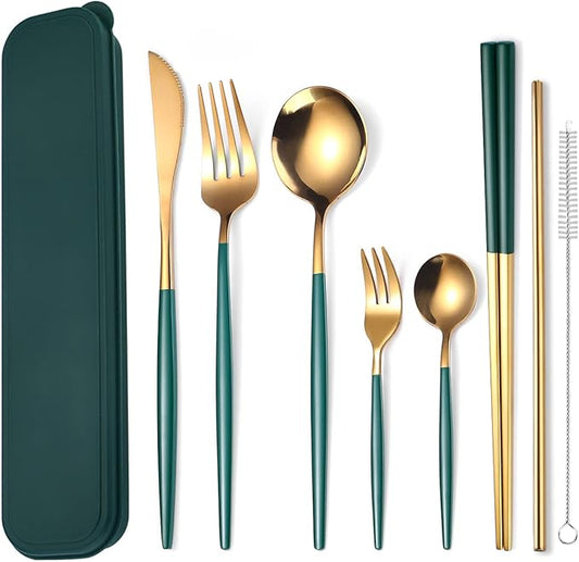 AARAINBOW 8 Pieces Stainless Steel Flatware Set Portable Reusable Cutlery Set Travel Utensils Set Including Chopsticks Knife Fork Spoon Straws Cleaning Brush Dishwasher Safe (Green Golden)