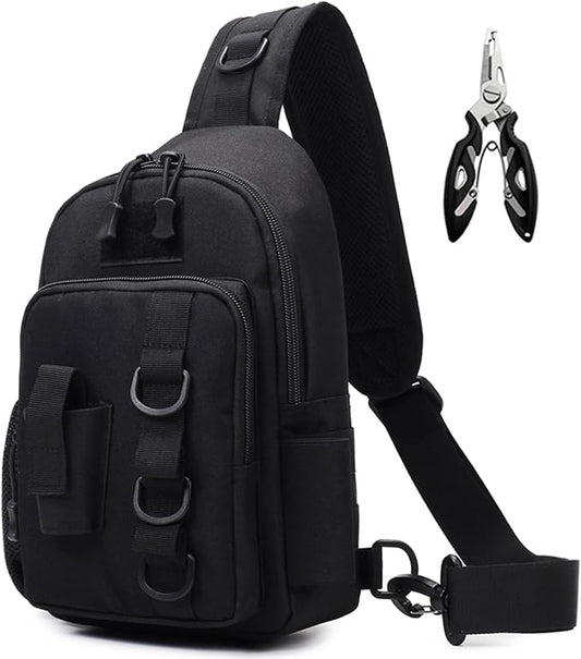 Fishing Sling Bag - Small Fishing Tackle Storage Bags with Rod Holder((Black)