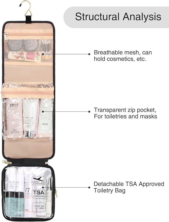 Relavel Travel Toiletry Bag for women with Detachable TSA Approved Toiletry Bag, Compact Hanging toiletry bag with Small Carry On 3-1-1 Clear Waterproof Travel Bags for Toiletries (M Black, A Small)