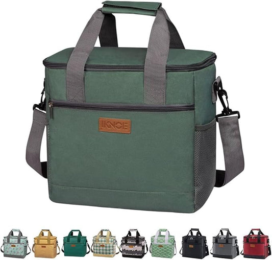 iknoe Large Cooler Bag Collapsible, 15L Insulated Bags, Leakproof Lunch Cooler Tote with Multi-Pockets for Adult, Insulated Lunch Box for Beach, Picnic, Work, Grayish Green 24-Can