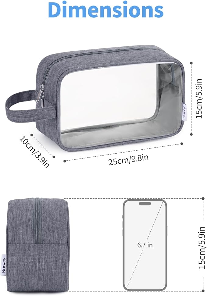 Narwey Clear Travel Toiletry Bags for Traveling Toiletries Men Women, Clear Makeup Bag Cosmetic Bag with Zipper, Make Up Pouch Organizer Bags with Handle, Skincare Bag (Grey)