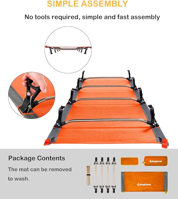 KingCamp Ultralight Camping Cot, Portable Folding Cots 265lbs Heavy Duty Sleeping Bed with Pad Pillow for Adults Outdoor Backpacking Travel Hiking, Orange