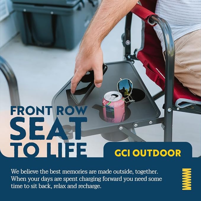 GCI OUTDOOR Freestyle Rocker XL with Side Table Camping Chair | Portable Folding Rocking Chair with Solid, Durable Armrests, Drink Holder & Comfortable Backrest — Red