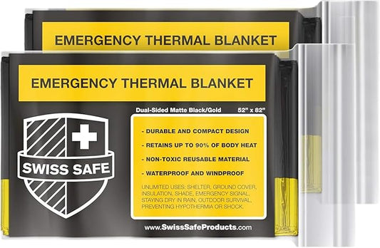 Swiss Safe 2 Pack Mylar Emergency Blankets for Survival - Compact & Insulated for Cold Weather - Designed for NASA, Outdoor, Running, Camping, Survival, First Aid Car Kit - Black & Gold, 2 Pack