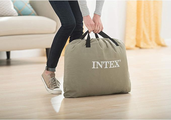 Intex 64135ED Dura-Beam Plus Deluxe Pillow Rest Air Mattress: Fiber-Tech – Queen Size – Built-in Electric Pump – 16.5in Bed Height – 600lb Weight Capacity