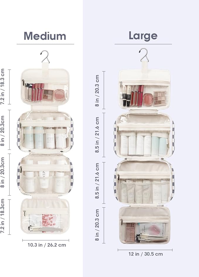 Narwey Travel Toiletry Bag for Women Large Hanging Makeup Bag Organizer Toiletries Bag for Full Size Essentials Accessories Cosmetics (Grayish Blue Checkerboard (Large))